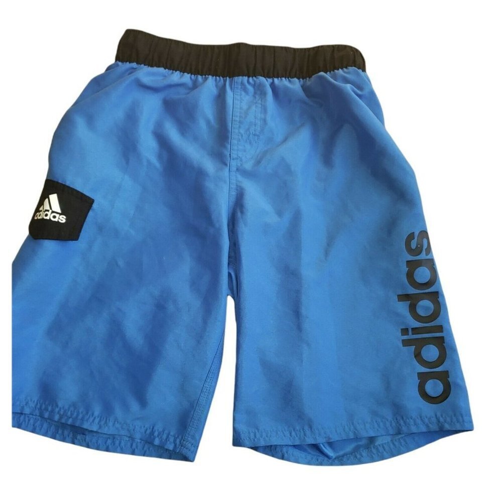 Boys Youth ADIDAS Swim Trunks Board Shorts Medium Blue Black Drawstring Elastic